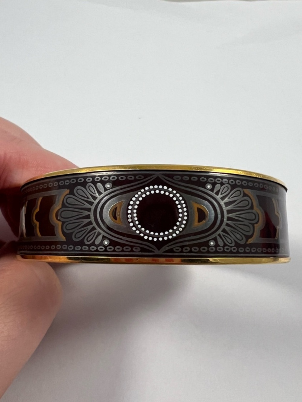 Vintage Michaela Frey Bangle Enamel Black & Gold Tone Geometric Signed Branded